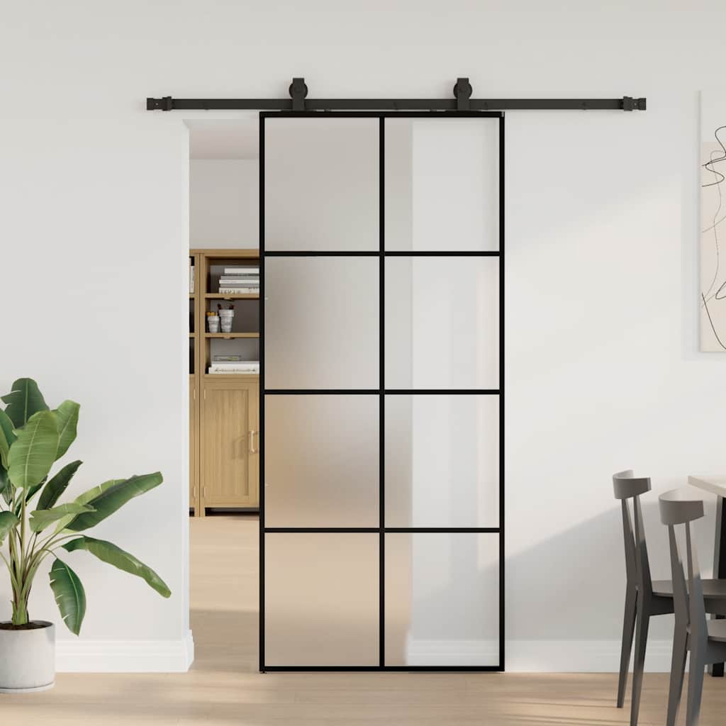 fekete ESG üveg tolóajtó fémszerelvény-szettel 90x205 cm