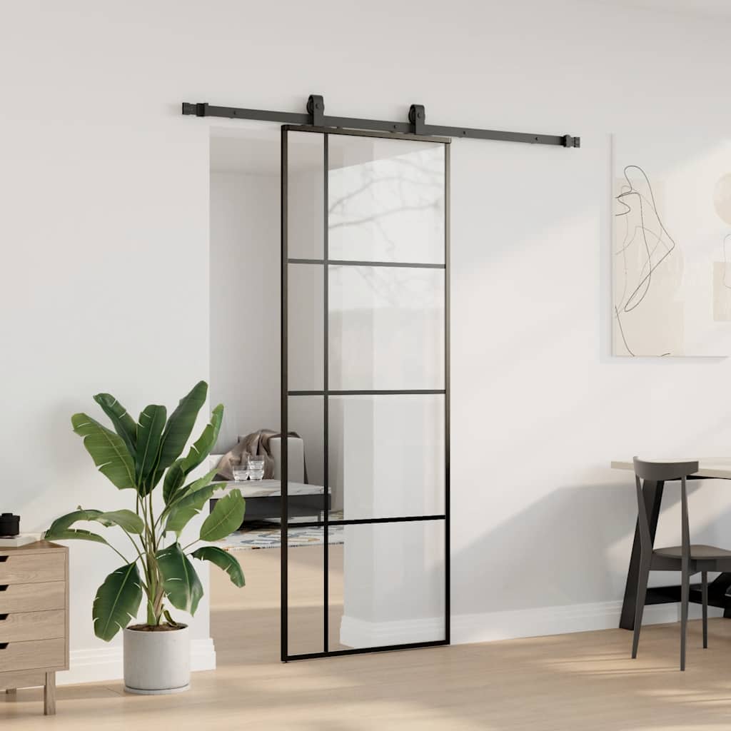 fekete ESG üveg tolóajtó fémszerelvény-szettel 76x205 cm