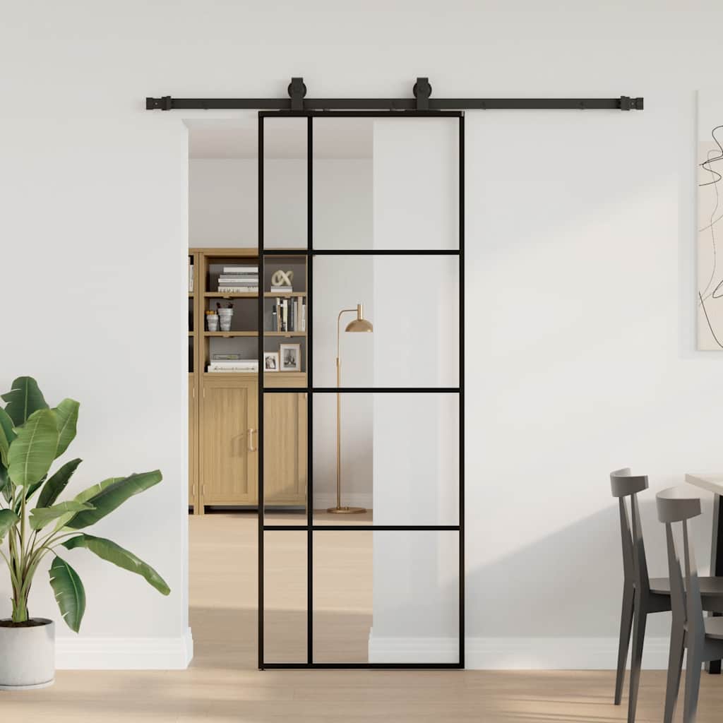 fekete ESG üveg tolóajtó fémszerelvény-szettel 76x205 cm