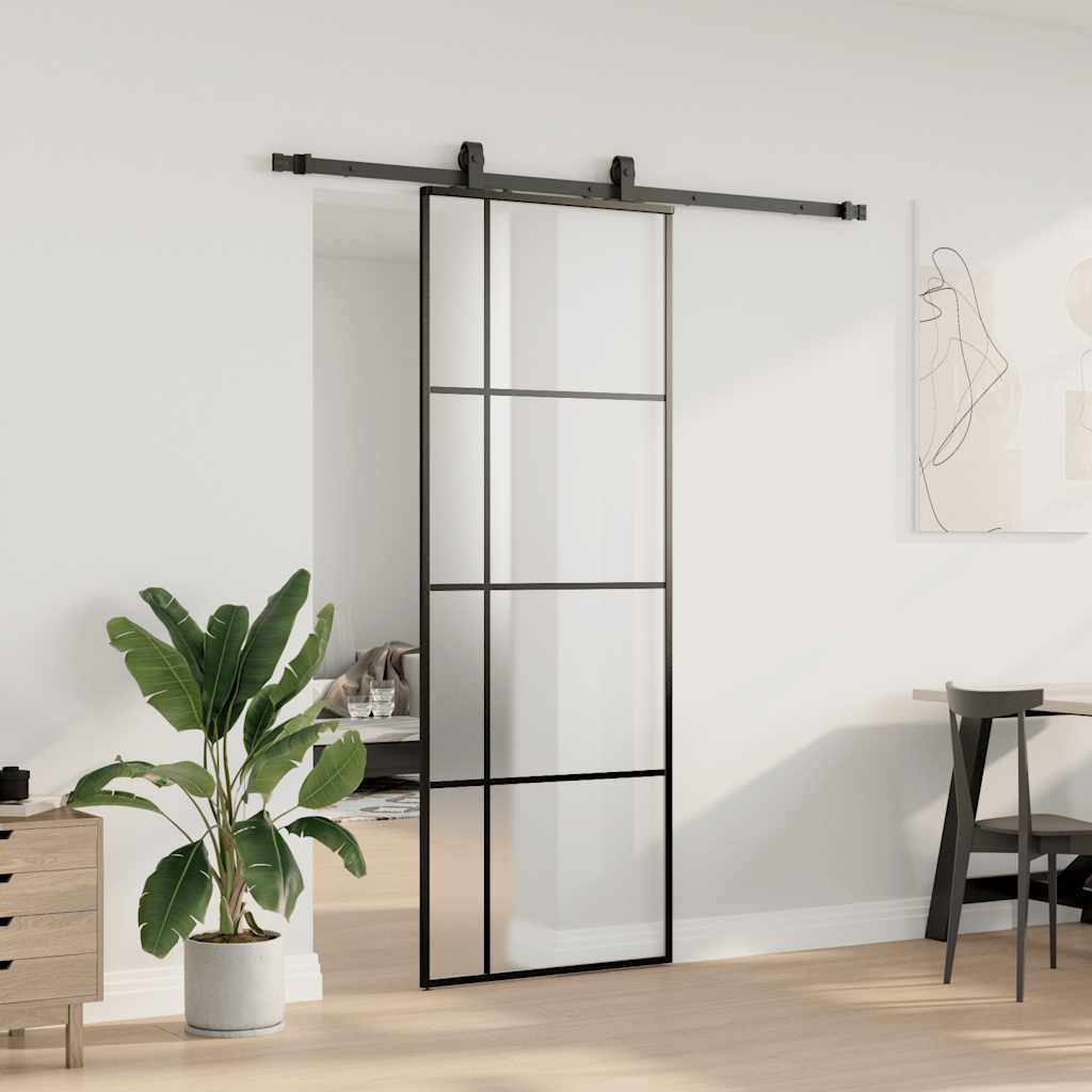 fekete ESG üveg tolóajtó fémszerelvény-szettel 76x205 cm