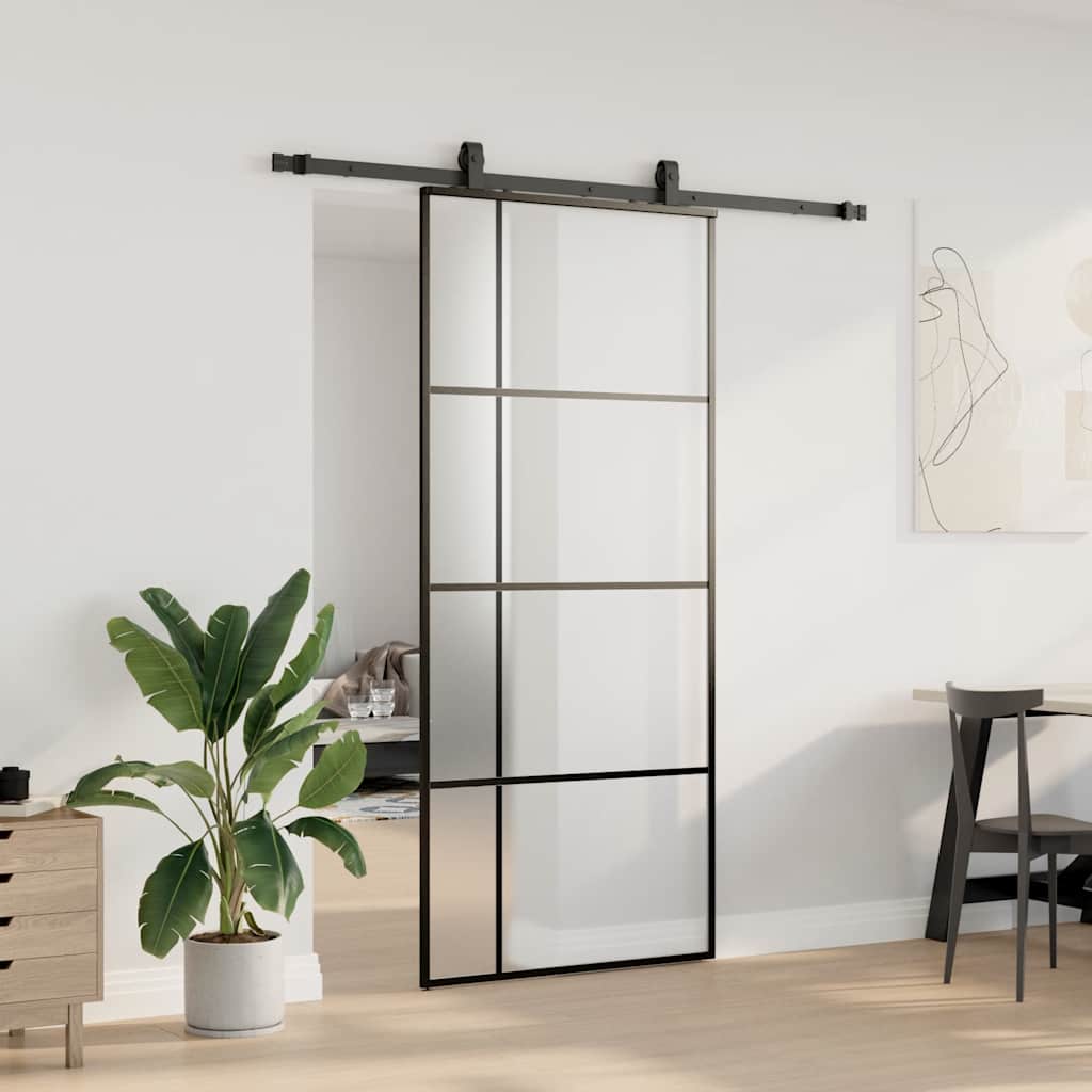 fekete ESG üveg tolóajtó fémszerelvény-szettel 90x205 cm
