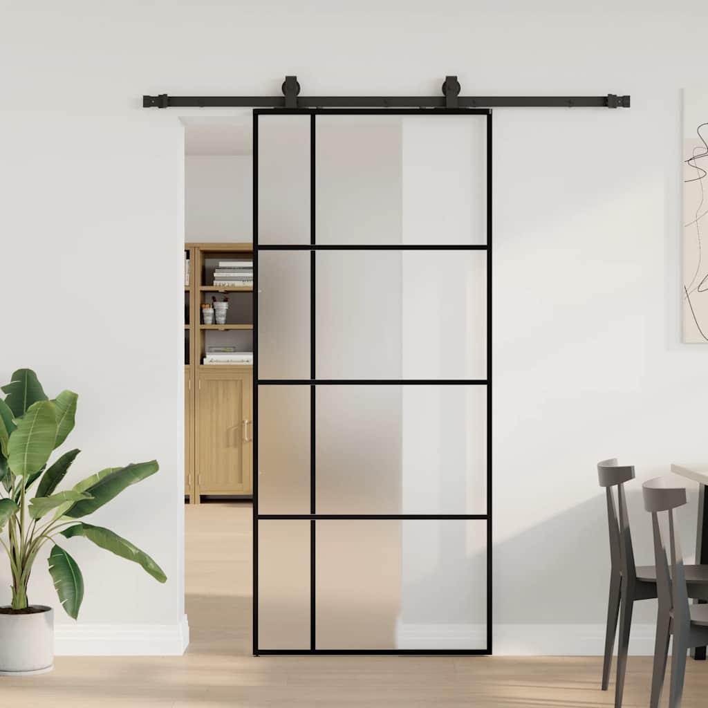 fekete ESG üveg tolóajtó fémszerelvény-szettel 90x205 cm