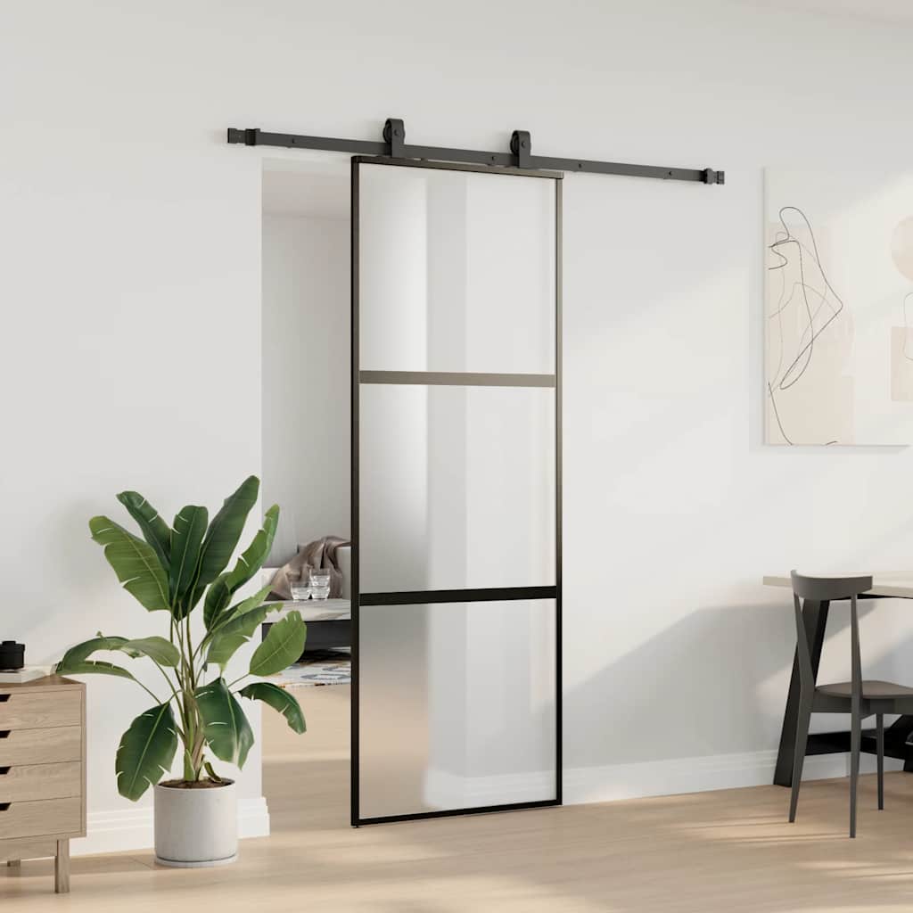 fekete edzett üveg tolóajtó fémszerelék szettel 76x205 cm
