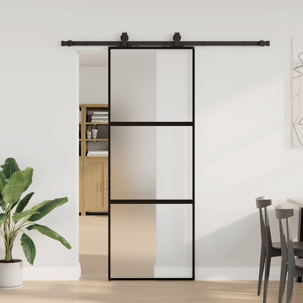 fekete edzett üveg tolóajtó fémszerelék szettel 76x205 cm