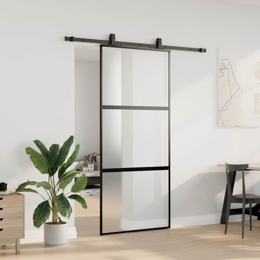 fekete edzett üveg tolóajtó fémszerelék szettel 90x205 cm