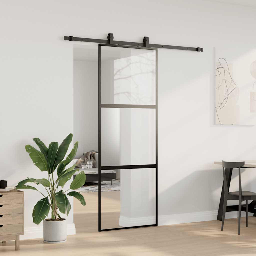 fekete edzett üveg tolóajtó fémszerelék szettel 76x205 cm