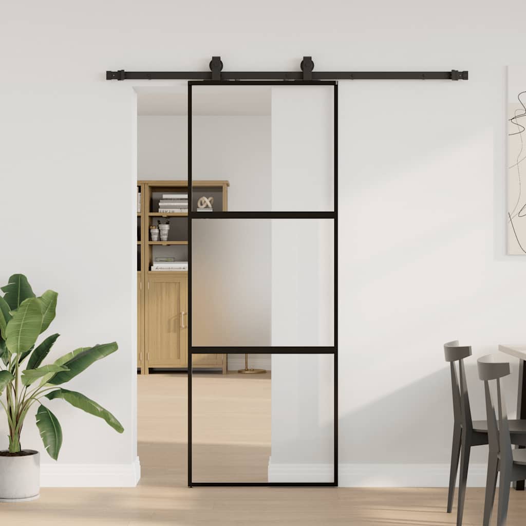 fekete edzett üveg tolóajtó fémszerelék szettel 76x205 cm