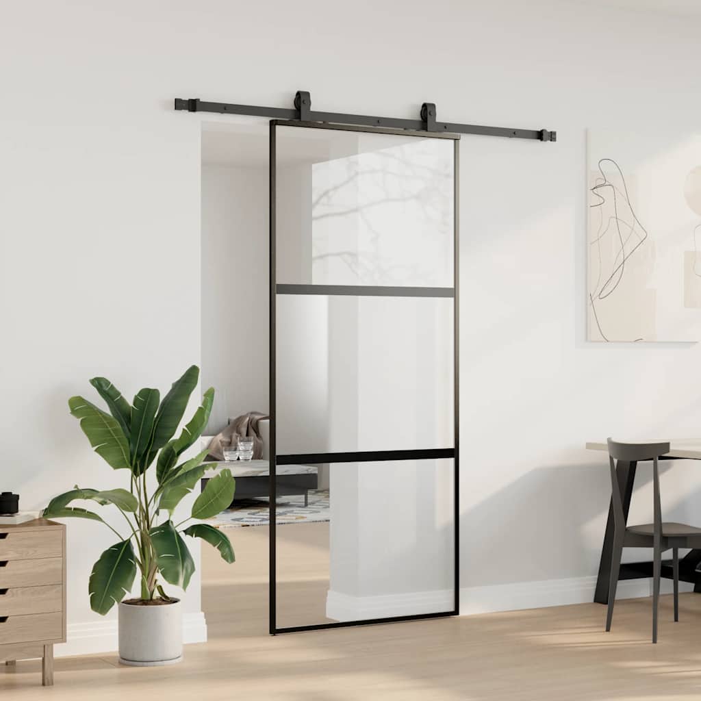 fekete edzett üveg tolóajtó fémszerelék szettel 90x205 cm