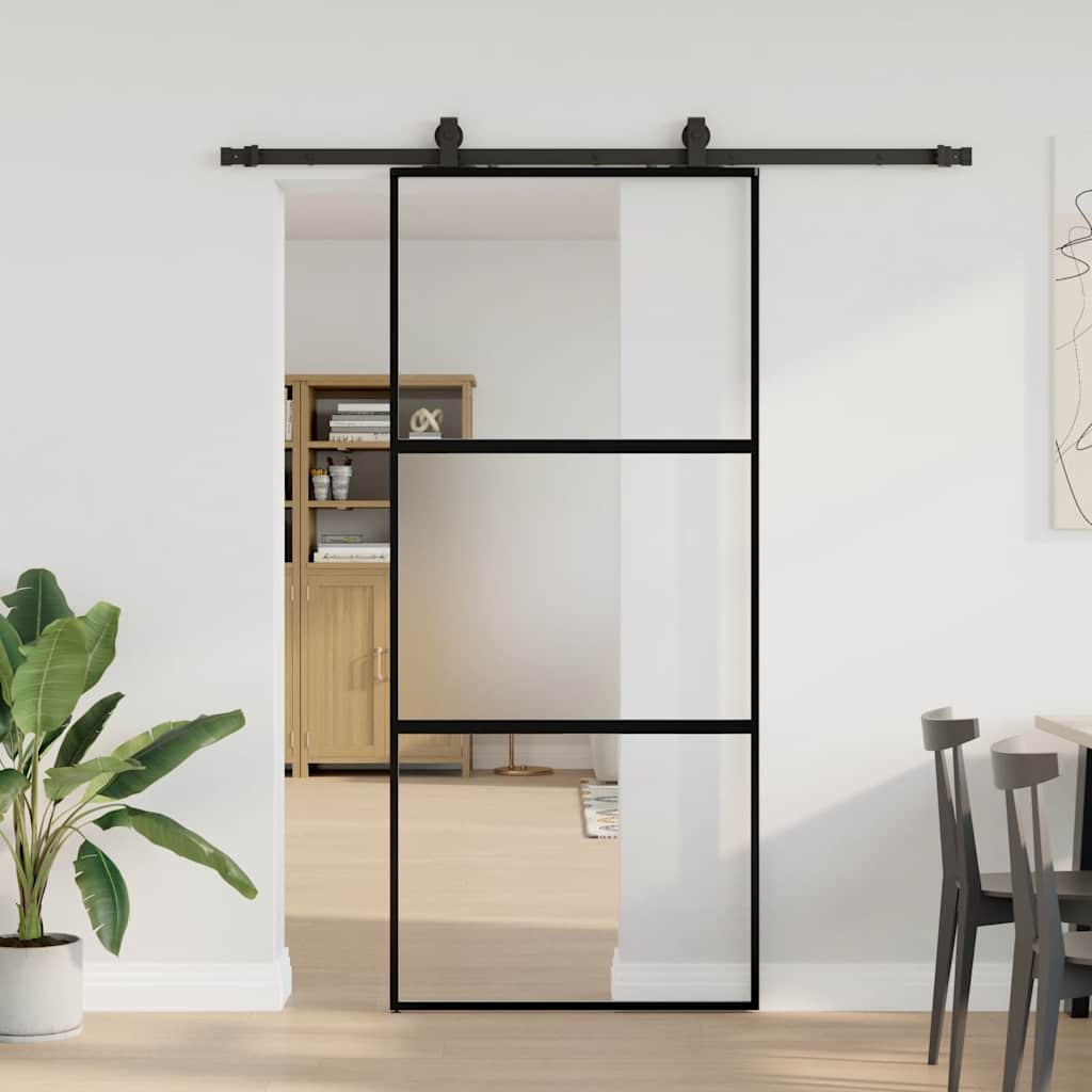 fekete edzett üveg tolóajtó fémszerelék szettel 90x205 cm