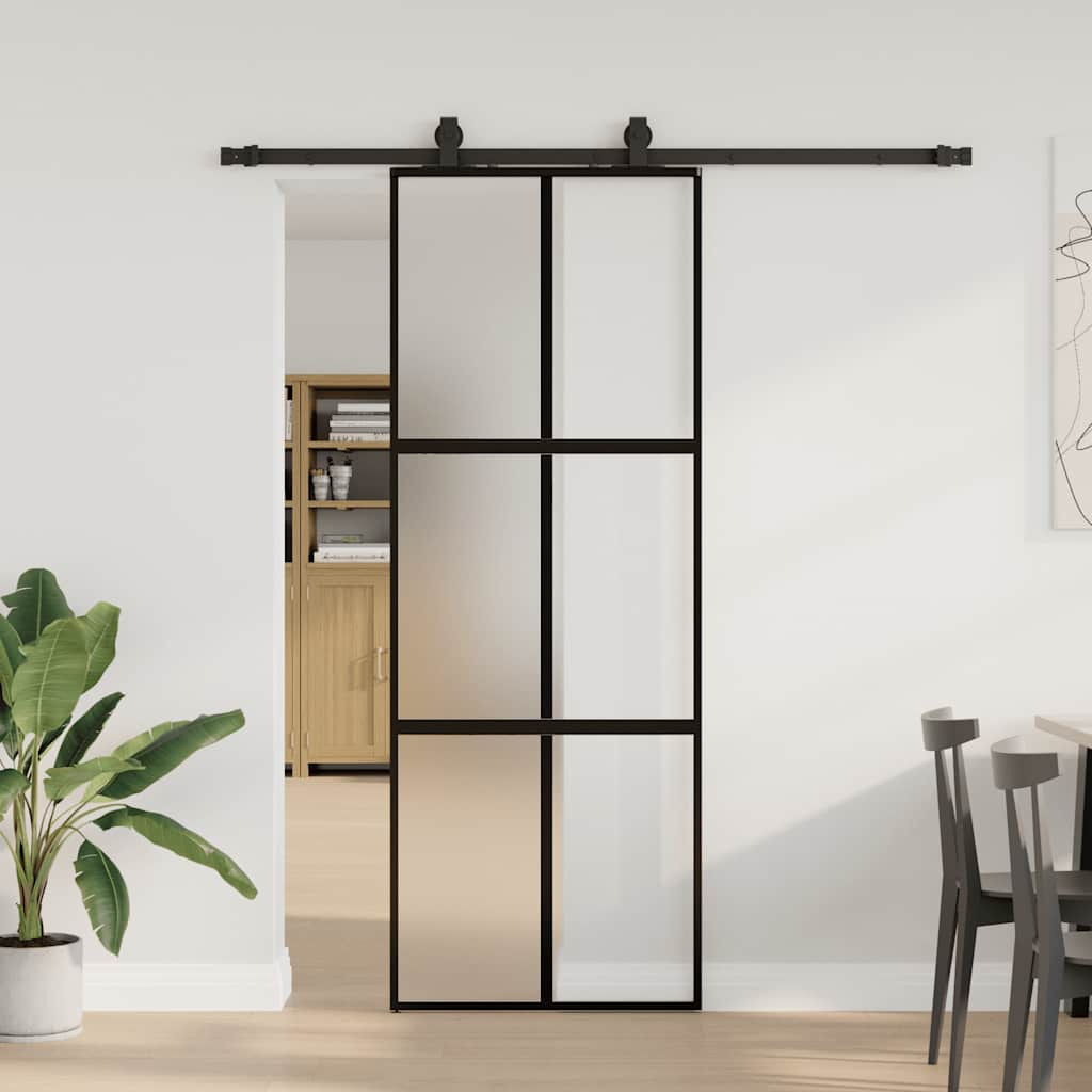 fekete edzett üveg tolóajtó fémszerelék szettel 76x205 cm