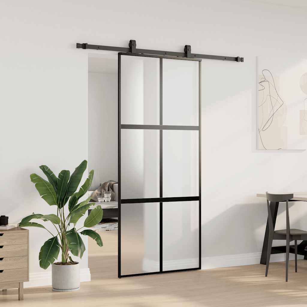 fekete edzett üveg tolóajtó fémszerelék szettel 90x205 cm