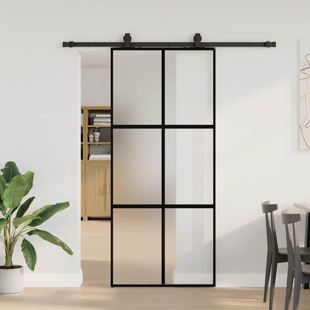 fekete edzett üveg tolóajtó fémszerelék szettel 90x205 cm