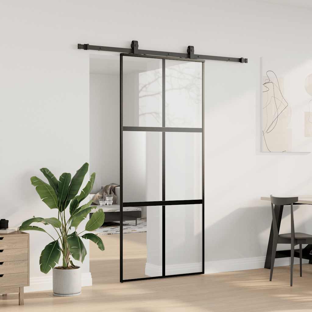 fekete edzett üveg tolóajtó fémszerelék szettel 90x205 cm