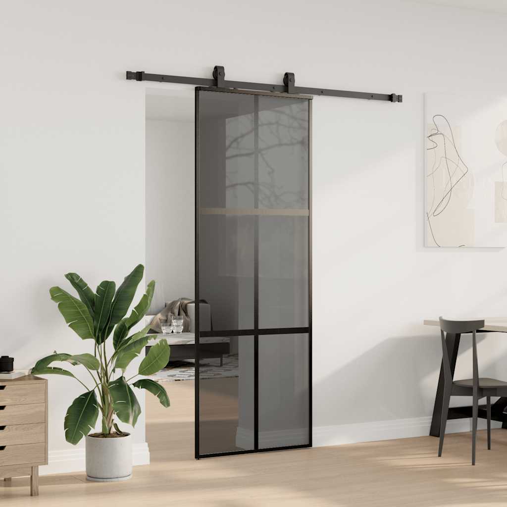 fekete edzett üveg tolóajtó fémszerelék szettel 76x205 cm