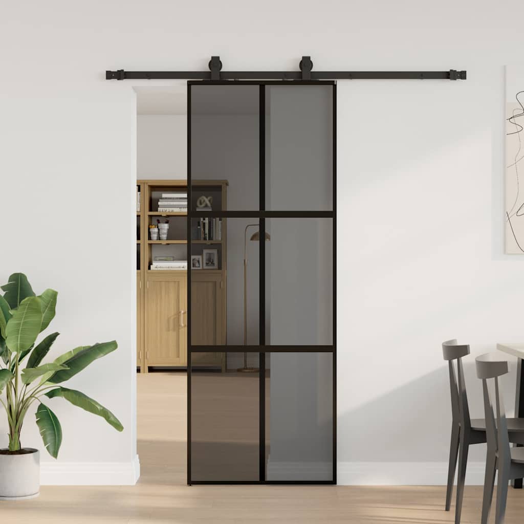 fekete edzett üveg tolóajtó fémszerelék szettel 76x205 cm