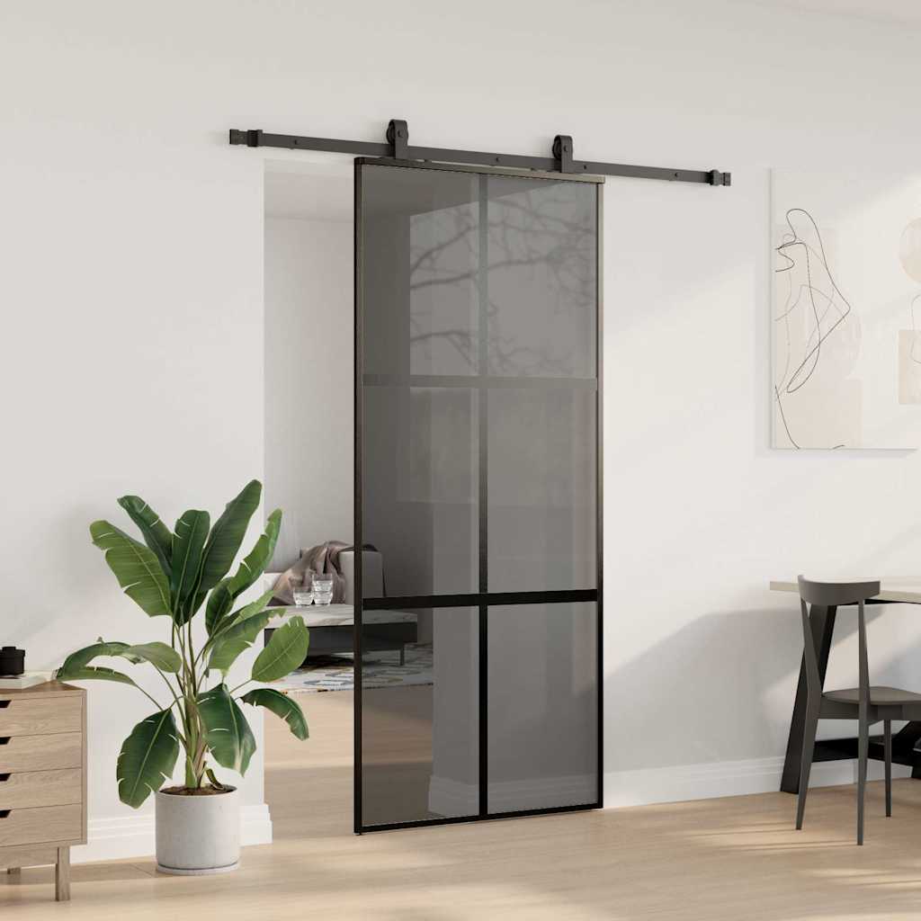 fekete edzett üveg tolóajtó fémszerelék szettel 90x205 cm