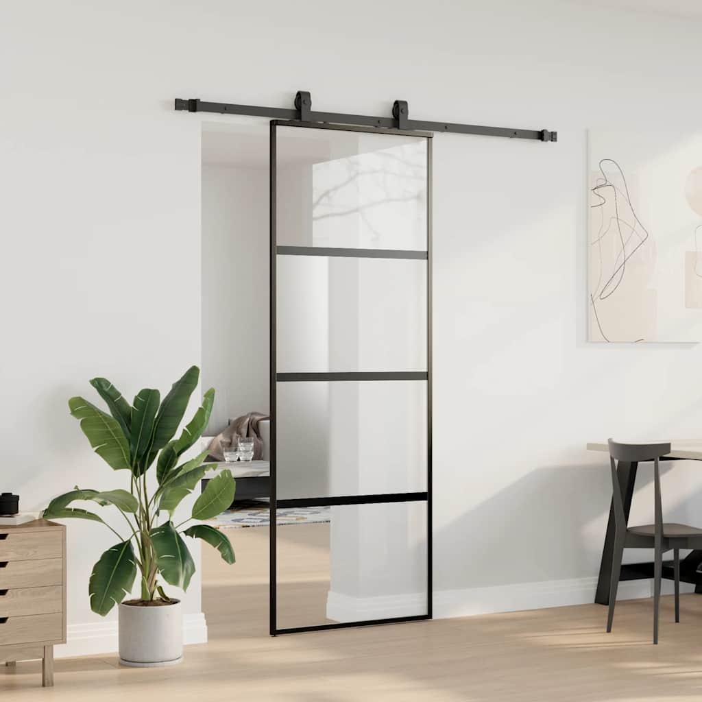 fekete edzett üveg tolóajtó fémszerelék szettel 76x205 cm