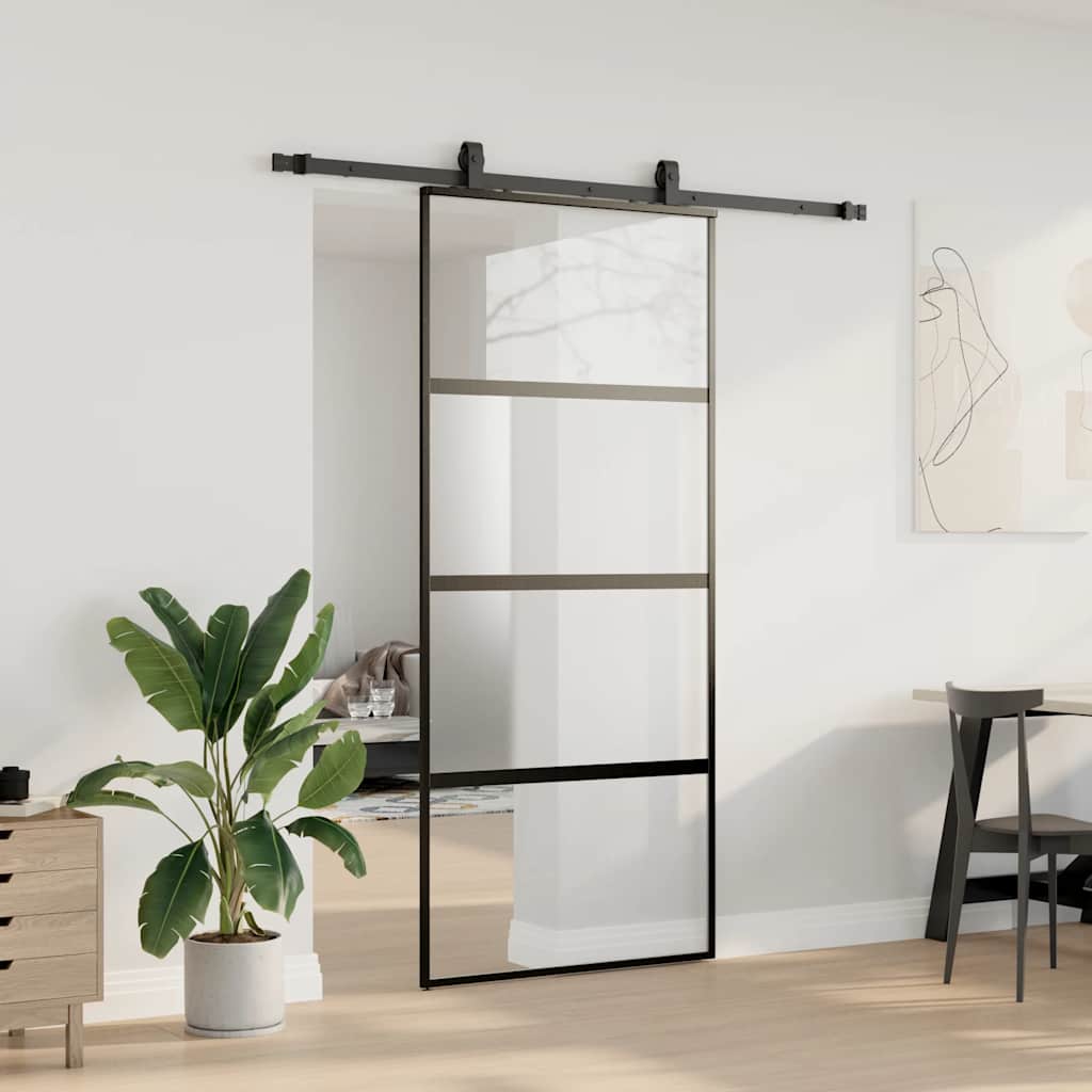 fekete edzett üveg tolóajtó fémszerelék szettel 90x205 cm