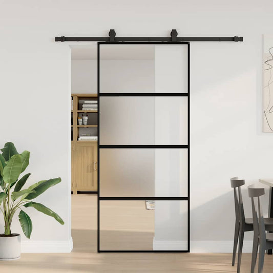 fekete edzett üveg tolóajtó fémszerelék szettel 90x205 cm