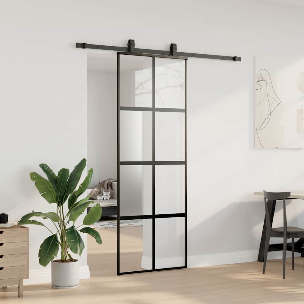 fekete edzett üveg tolóajtó fémszerelék szettel 76x205 cm
