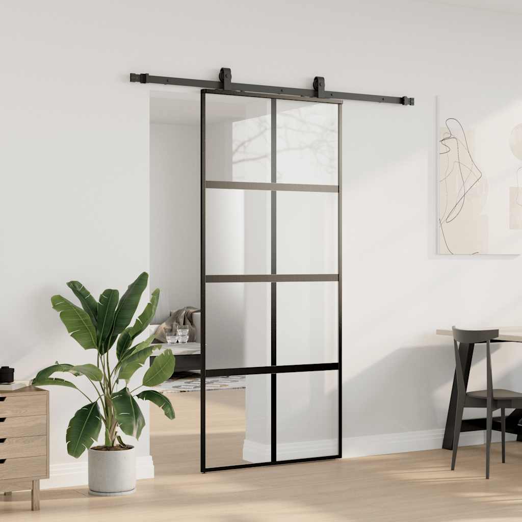 fekete edzett üveg tolóajtó fémszerelék szettel 90x205 cm