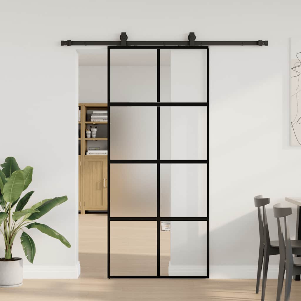 fekete edzett üveg tolóajtó fémszerelék szettel 90x205 cm