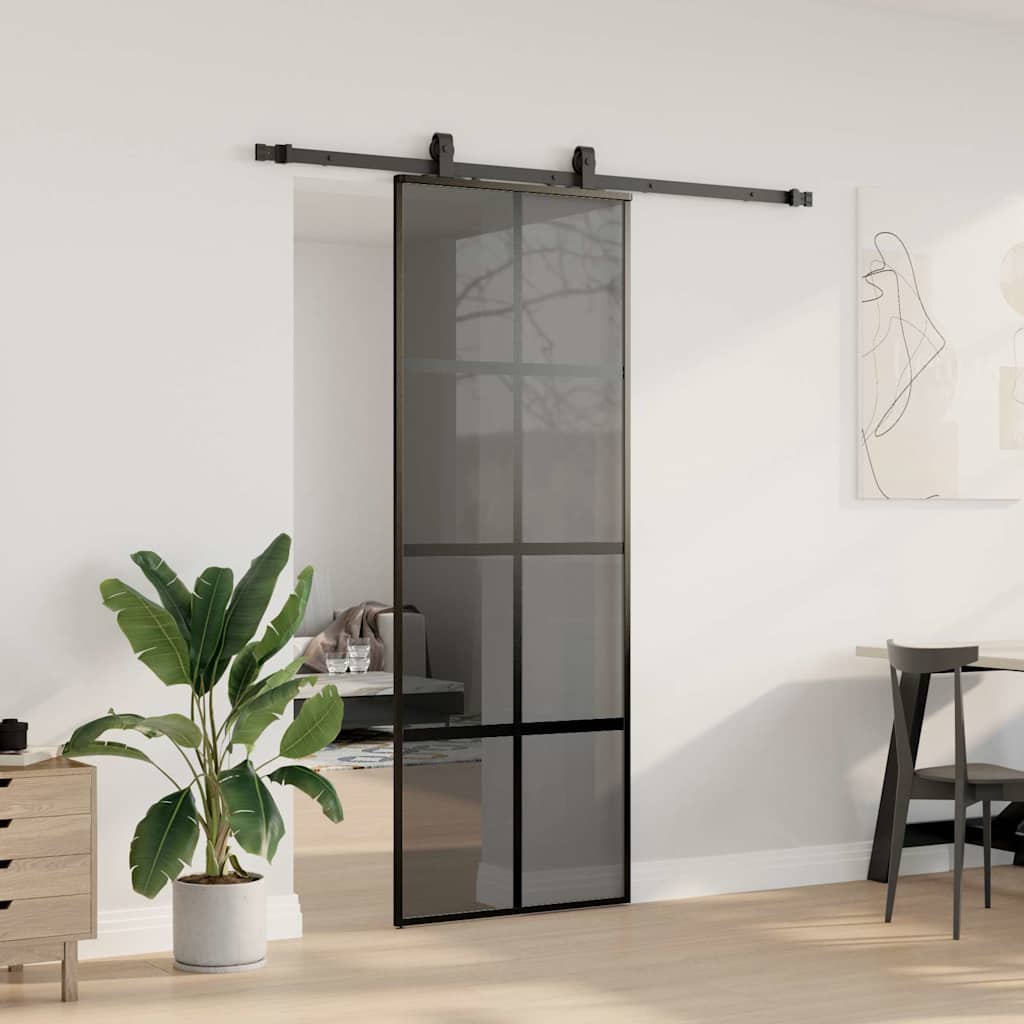 fekete edzett üveg tolóajtó fémszerelék szettel 76x205 cm