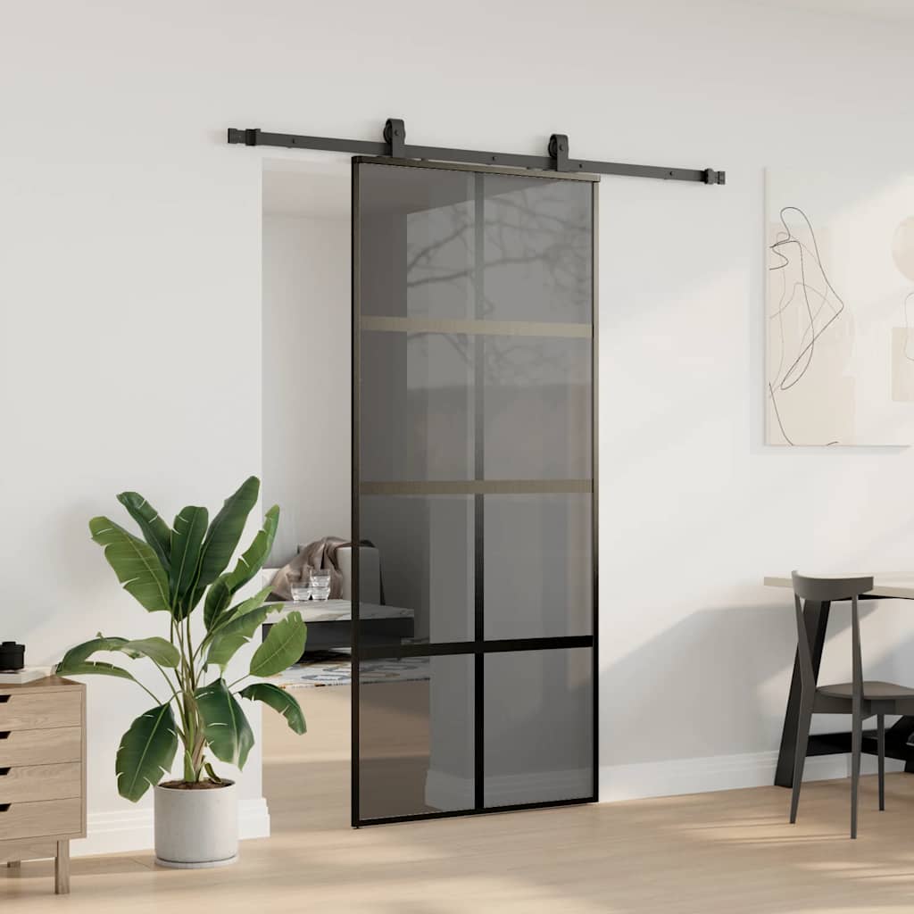 fekete edzett üveg tolóajtó fémszerelék szettel 90x205 cm