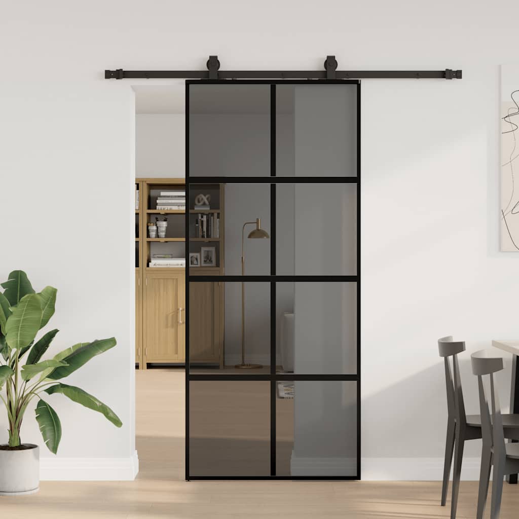 fekete edzett üveg tolóajtó fémszerelék szettel 90x205 cm
