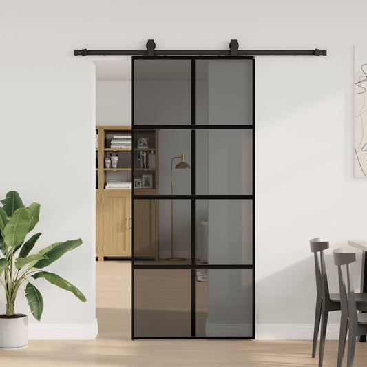 fekete edzett üveg tolóajtó fémszerelék szettel 90x205 cm