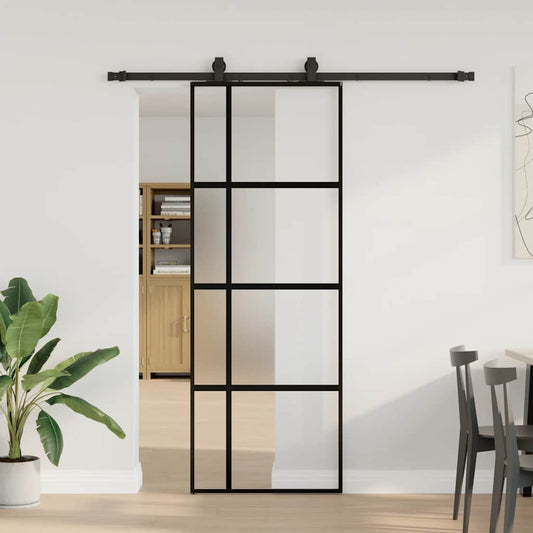 fekete edzett üveg tolóajtó fémszerelék szettel 76x205 cm