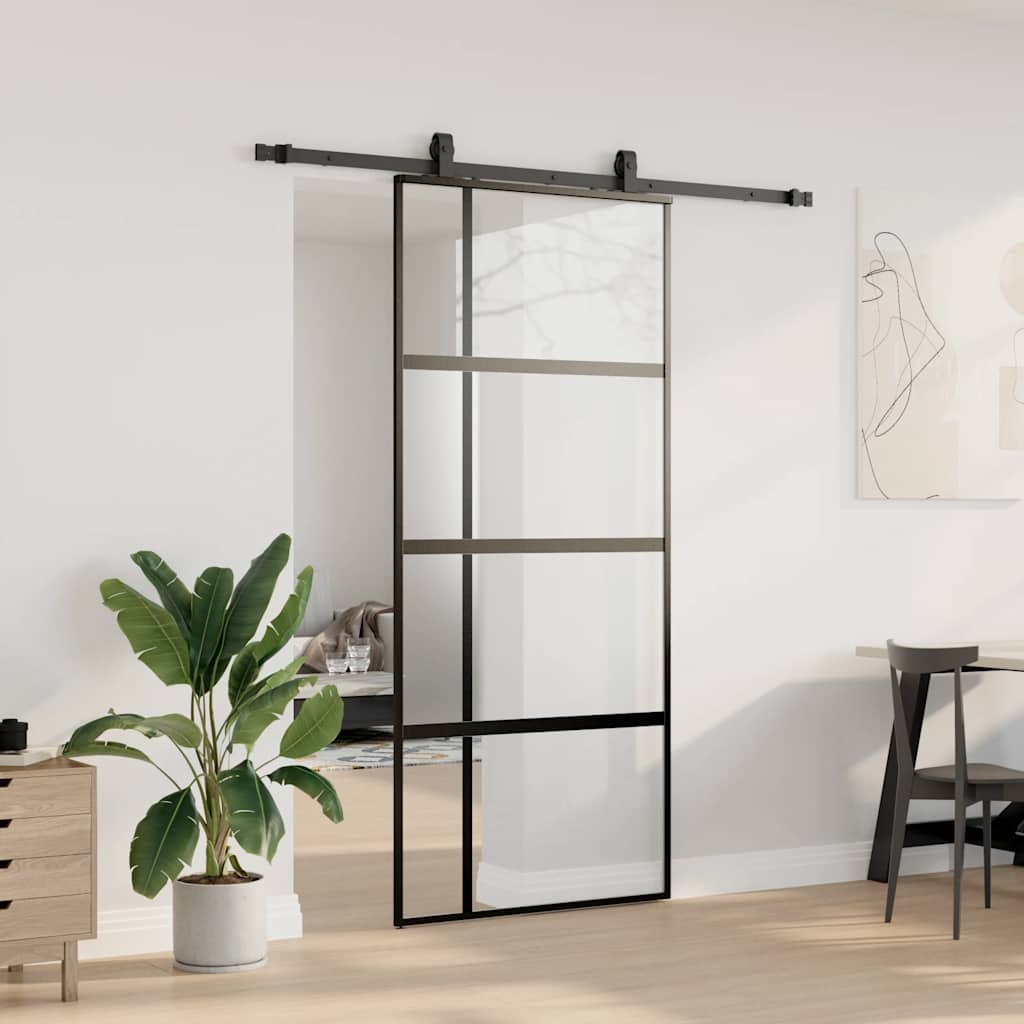 fekete edzett üveg tolóajtó fémszerelék szettel 90x205 cm
