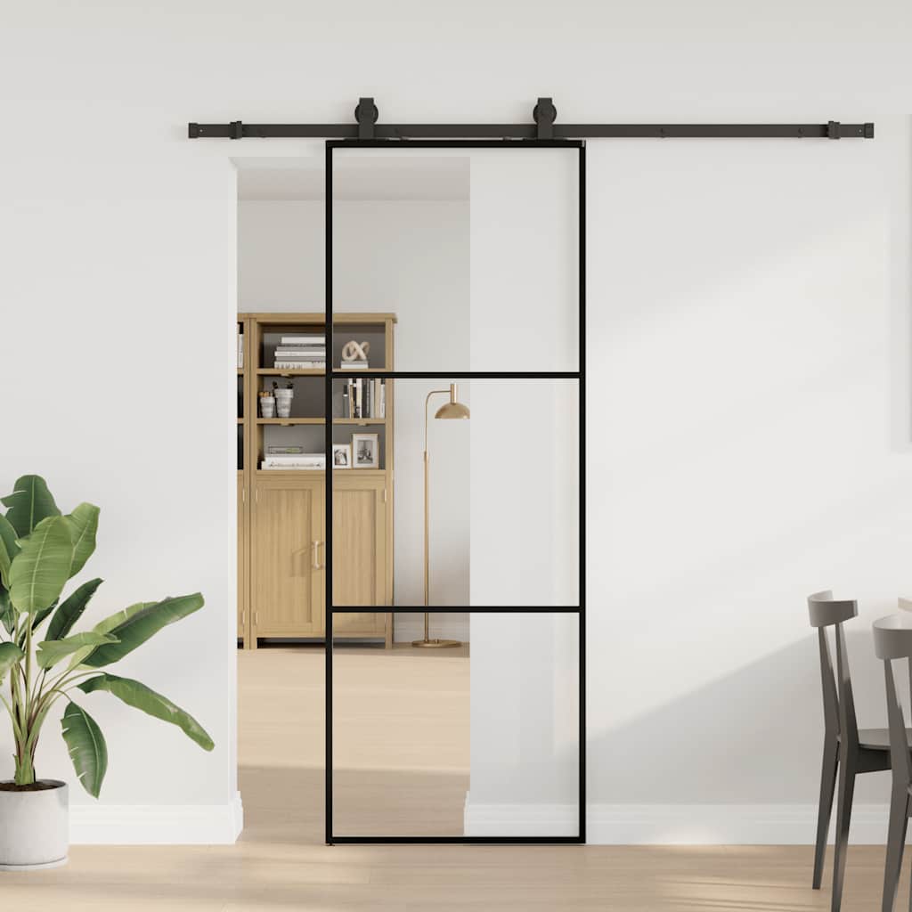 fekete ESG üveg tolóajtó fémszerelvény-szettel 76x205 cm