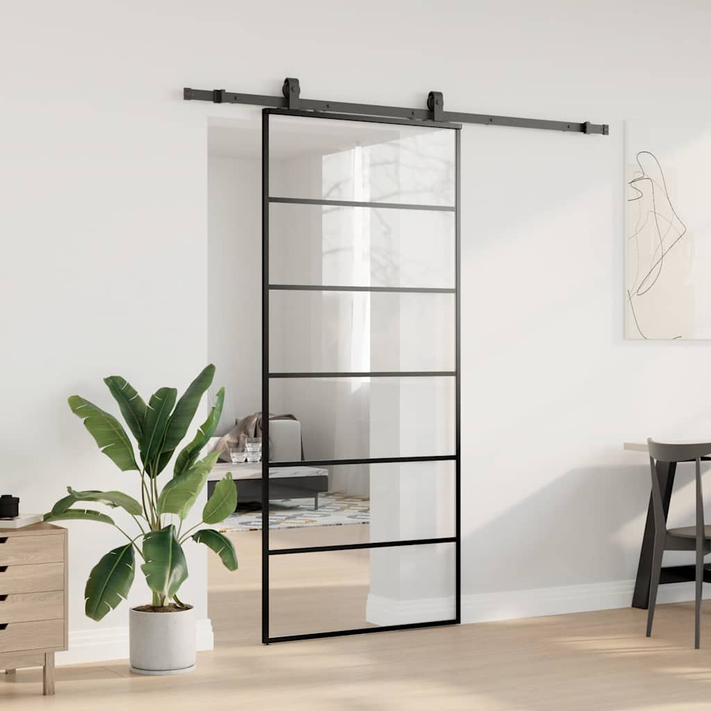 fekete ESG üveg tolóajtó fémszerelvény-szettel 90x205 cm