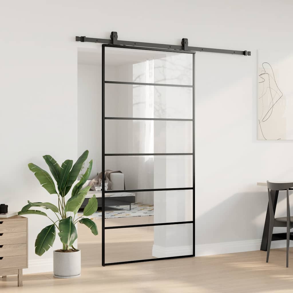fekete ESG üveg tolóajtó fémszerelvény-szettel 102x205 cm