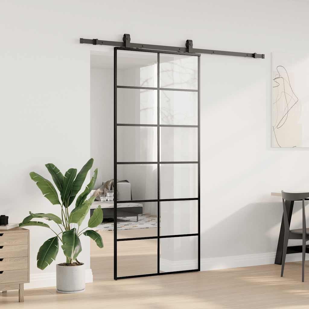 fekete ESG üveg tolóajtó fémszerelvény-szettel 90x205 cm