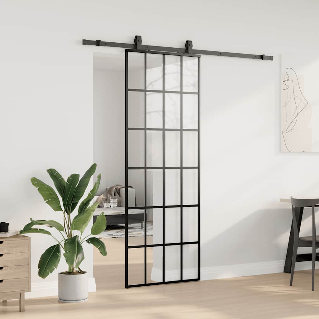 fekete ESG üveg tolóajtó fémszerelvény-szettel 76x205 cm