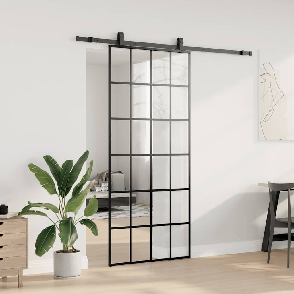 fekete ESG üveg tolóajtó fémszerelvény-szettel 90x205 cm
