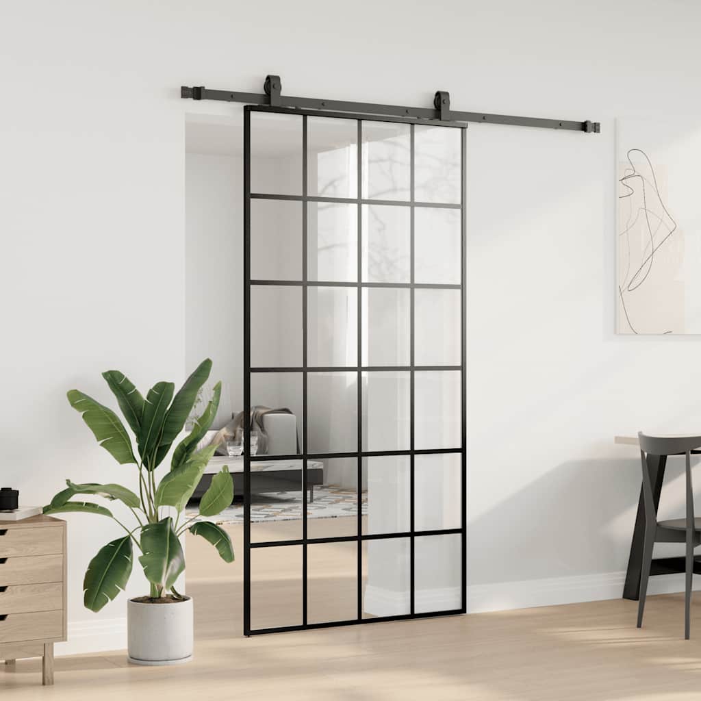 fekete ESG üveg tolóajtó fémszerelvény-szettel 102x205 cm