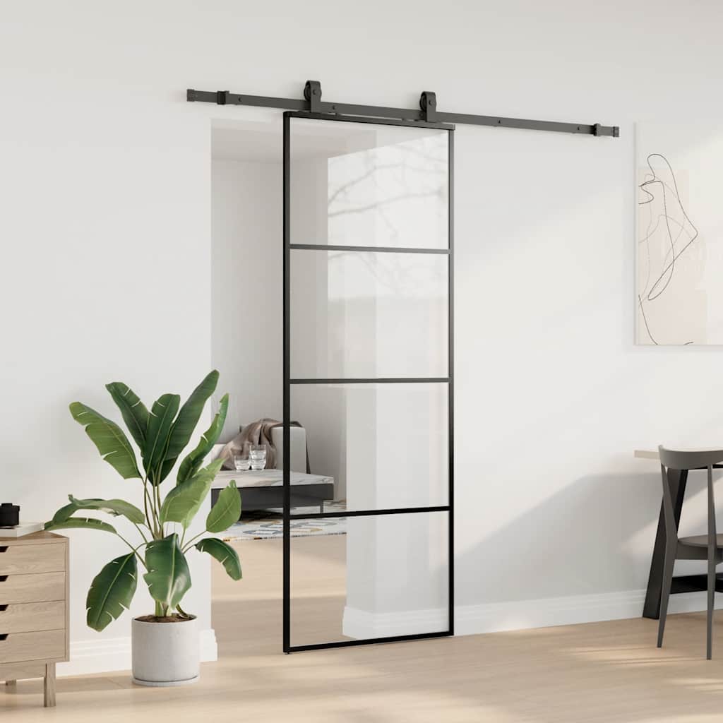 fekete ESG üveg tolóajtó fémszerelvény-szettel 76x205 cm