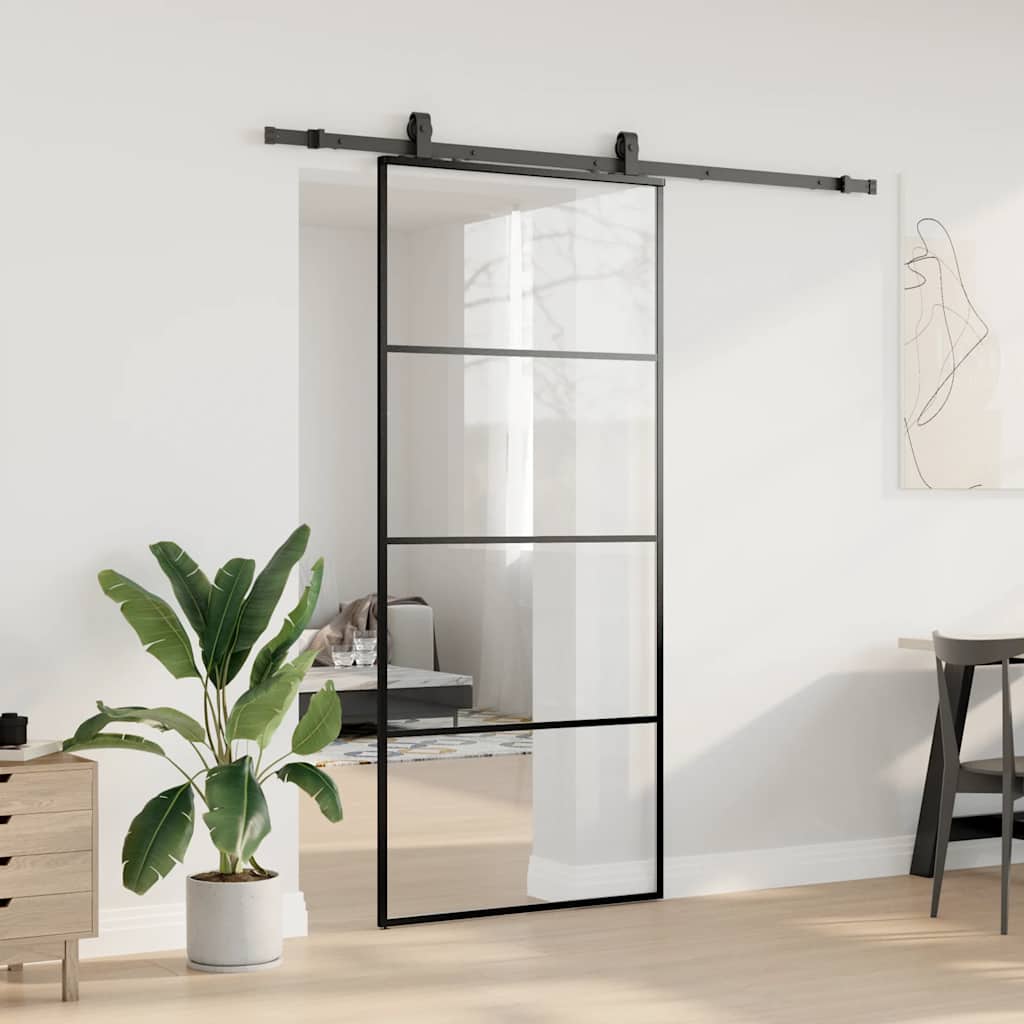 fekete ESG üveg tolóajtó fémszerelvény-szettel 90x205 cm