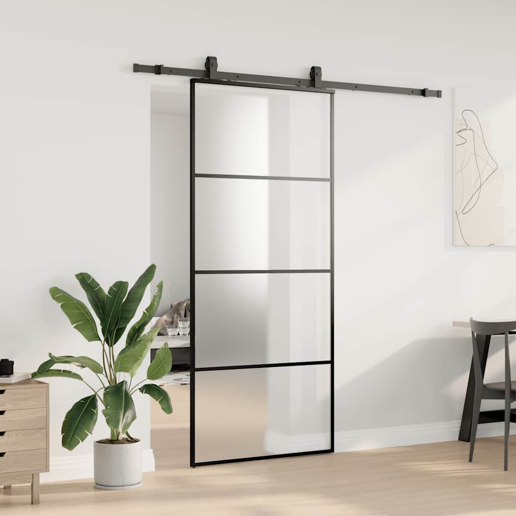 fekete ESG üveg tolóajtó fémszerelvény-szettel 90x205 cm