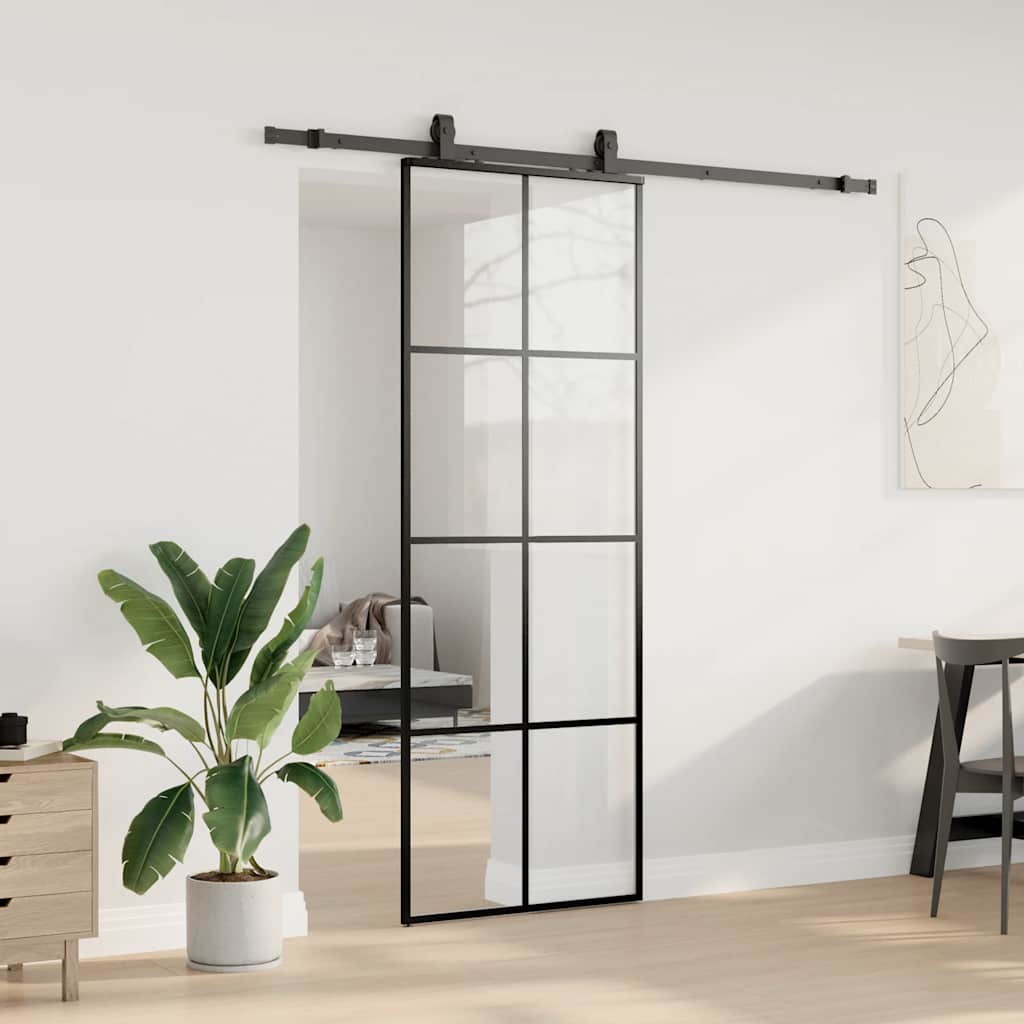 fekete ESG üveg tolóajtó fémszerelvény-szettel 76x205 cm