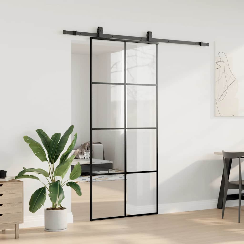 fekete ESG üveg tolóajtó fémszerelvény-szettel 90x205 cm