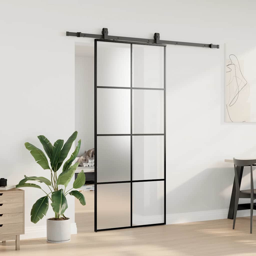 fekete ESG üveg tolóajtó fémszerelvény-szettel 90x205 cm