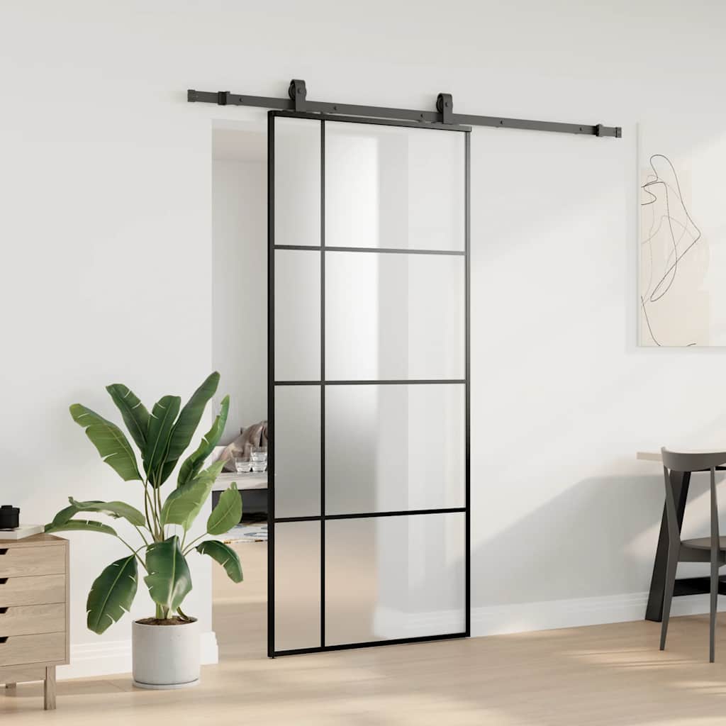 fekete ESG üveg tolóajtó fémszerelvény-szettel 90x205 cm