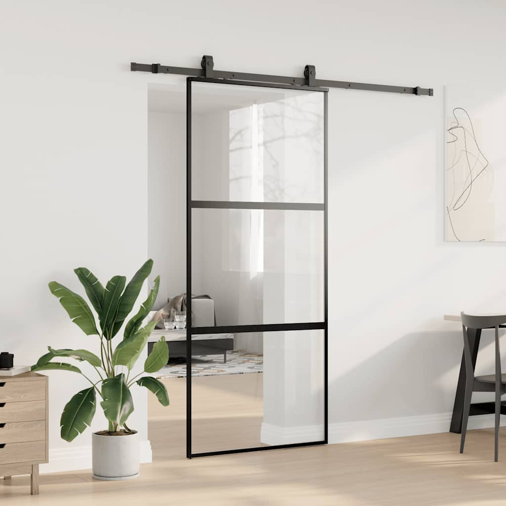 fekete edzett üveg tolóajtó fémszerelék szettel 90x205 cm