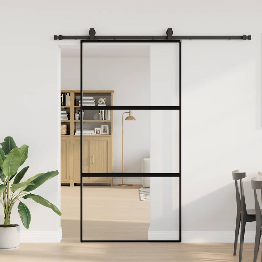fekete edzett üveg tolóajtó fémszerelék szettel 102,5x205 cm