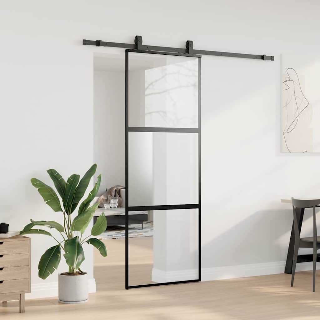 fekete edzett üveg tolóajtó fémszerelék szettel 76x205 cm
