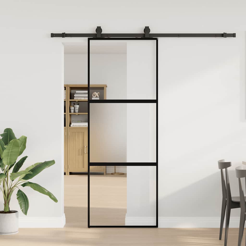 fekete edzett üveg tolóajtó fémszerelék szettel 76x205 cm